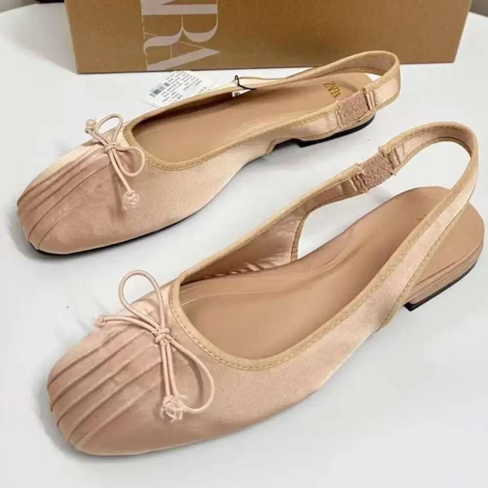 ZARA Blush Pink Satin Slingback Ballet Flats Bow Rounded Toe NWT 7.5